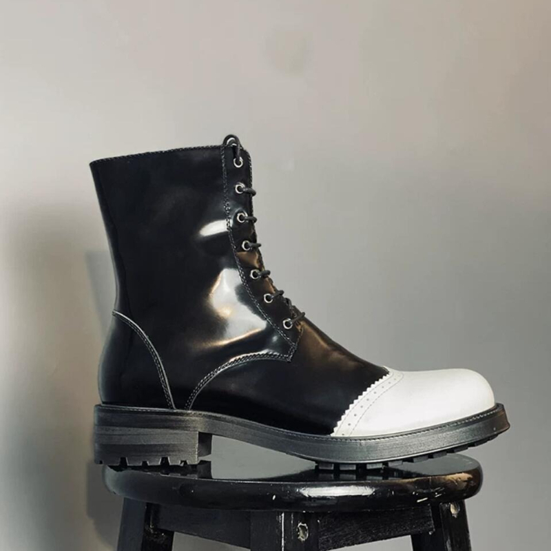 Chelsea Boots Men - Мужские черно-белые мотоциклетные ботинки из лакированной